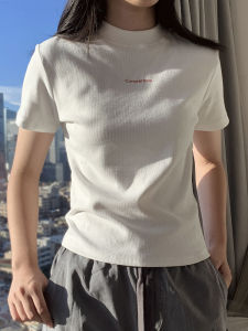 White Slim Fit Short Sleeve T-Shirt Womens Summer New Style Simple Printed Stand Collar Top Korean Style Commute Fashion