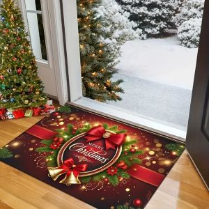 VIKAMA Christmas Doormat Golden Bell Bow Pine Wreath Merry Christmas Print Decorative Rug For Entryway Hallway Living Room Decor