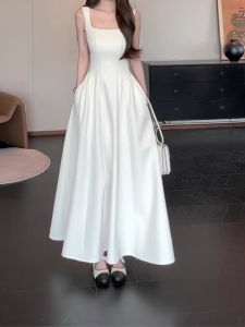 ชุดเดรสยาวแขนกุดสีขาวสไตล์ฝรั่งเศสหรูหรา ชุดคลุมกันหนาวฤดูร้อนสำหรับผู้หญิง ชุดราตรี ชุดเดรสยาว ชุดเดรสยาว