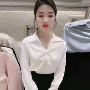 เสื้อเชิ้ตผู้หญิงแขนยาวสไตล์เกาหลีป้องกันริ้วรอยแบบผูกโบว์ ทรงหลวม ฤดูใบไม้ผลิและฤดูใบไม้ร่วง เสื้อผ้าทำงานสไตล์เกาหลี Dongdaemun