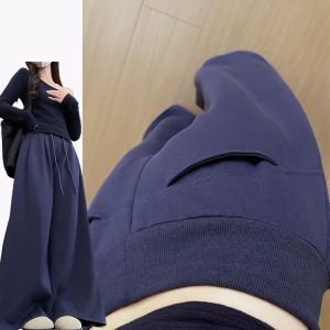 Loose Wide Leg Sports Pants Womens Casual Loose Fit Comfortable Retro Drawstring Trousers Dark Blue Simple Fashion Autumn