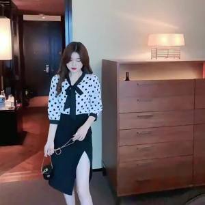 [1802 People Collection ] Polka Dot Chiffon Blouse 2025 New Summer Womens Fashion Short Sleeve Three-Quarter Sleeve Top Stylish and Chic Blouse