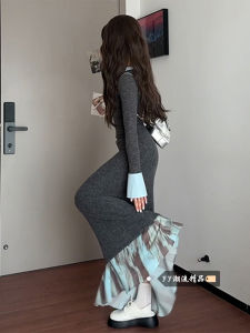 French Style Grey Spliced Knitted Dress Womens Winter 2025 New High-End Sweet Waist Cinching Bodycon Long Dress