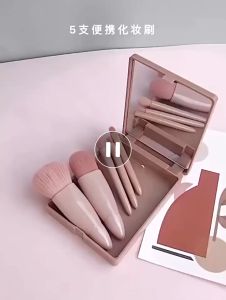 Set Kit Kuas Rias 5in1 Dengan Cermin Built-in Set Kuas Makeup Premium Bedak Cermin Brush Shaow Mata Traval Kit Alat Makeup