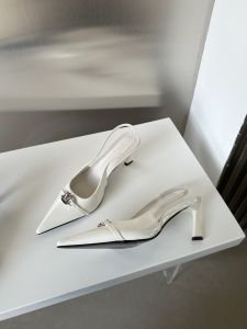 French Style White Patent Leather Sheepskin High Heels Silver Pointed Toe Sandals Fashionable Womens Shoes for All Seasons