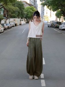 2024 Summer Fashion Wide-Leg Cotton Pants High-Waist Slimming Womens Casual Trousers with Pocket for Ankle-Length Wear