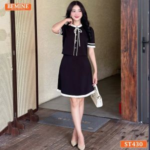 Set thiết kế BEMINE áo có cúc chân váy dáng chữ A ngắn có viền-ST430