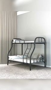 R Shape Metal Bunk Bed with Safety Guardrail Iron Double Decker Bed Frame with Stairs for Kids Teens Adults