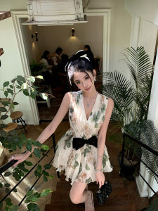 ชุดเดรสแขนกุดพิมพ์ลายดอกไม้เอวสูงสไตล์เกาหลีสำหรับฤดูร้อน ชุดเดรสยาวคลุมเข่า ผ้าโพลีเอสเตอร์ ชุดทำงานลำลอง