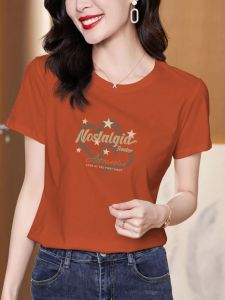 Pure Cotton Short Sleeve T-Shirt Womens Orange Loose Fit Fashionable Summer Top Comfortable Breathable Korean Style round Neck