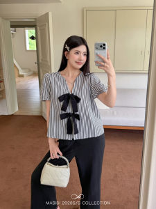 MASISI | Miu-style Bow V-neck Striped Short-sleeve Top
