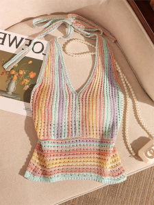 Áo Ba Lỗ Không Tay Cổ Chữ V Dệt Kim Màu Sọc Ngắn Cho Nữ Mùa Hè Áo Ba Lỗ Ôm Vừa Vặn Ngọt Ngào Áo Lót Bên Trong