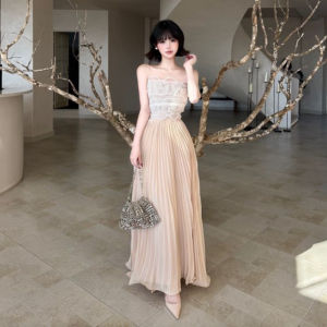 CHANGTONG | Lace Strapless Patchwork Slim Fit Waist Cinched Long Dress