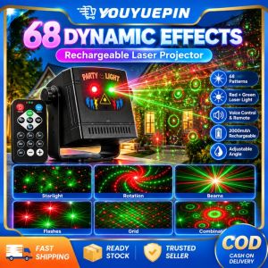 YOUYUEPIN Rechargeable Laser Light 2000mAh Battery Portable Sound Activated Projector Lamp 68 Modes Remote Control For Birthday Wedding Outdoor
