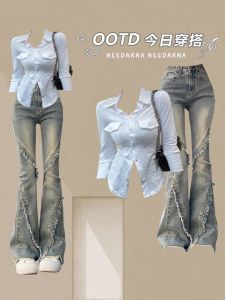 American Style Slimming Shirt And Jeans Set Spring Fashion Pure Desire Windbreak Two-Piece Suit Womens Polo Collar Button Long Sleeve