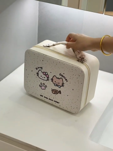 Cốp Đựng Đồ Makeup 24cm Chất Liệu Da PU Họa Tiết Đáng Yêu Hộp Đựng Đồ Dùng Cá Nhân Chữ Nhật Có Gương Và Quai Xách