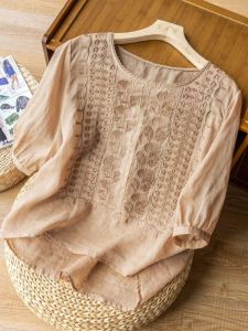 Summer Cotton Silk Short Sleeve Womens T-shirt Mom Style Korean Version round Neck Loose Fit Shirt Commute Pure Color Top