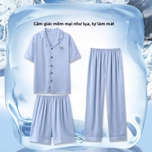 MiiOW | Bộ đồ ngủ nam Ice Silk mùa hè mỏng tay ngắn áo len cardigan ba mảnh cảm giác cao cấp mặc ở nhà có thể mặc ngoài trời