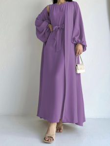 Muslim Womens Long Loose Dress Set with Belt Sleeveless Outerwear Fashionable Ethnic Style Polyester Summer Collection