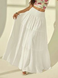 Summer Women White Tiered Maxi Skirt High Waisted Elastic Waist Pleated Flowy Long Skirt