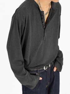 American Casual Solid Color Breathable Skin-friendly Long Sleeve Henry Collar Top Men Women Drape Smooth Short Wide Commute Base Shirt