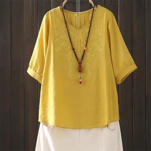 Áo Thun Cotton Lụa Thêu Cổ Chữ V Tay Lửng Mùa Hè Mới Cho Nữ Dáng Rộng Thoải Mái Thanh Lịch Thời Trang Chất Liệu Cotton 90%