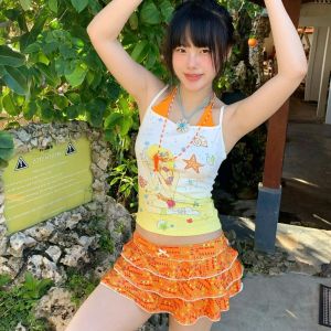 Summer Cool Dopaamine Vest Fake Two-Piece Shell Pattern Slim Fit Beach Holiday Style Printed Top Womens Fashion 2025