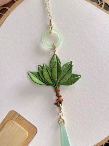 Yuzu Leaf Woven Flower Pendant Tassel Mobile Phone Accessory DIY Material Bag Hanging Ornament Car Hanging Decoration