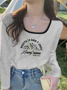 Womens Slim Fit Long Sleeve T-Shirt Pure Cotton Square Collar Base Shirt Spring Autumn White Tee Inner Wear Commute Style