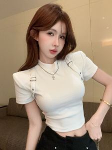 Summer New Design Pure Color Short Womens T-shirt Slimming Fashionable Versatile Shoulder Level Top Korean Style Half High Collar