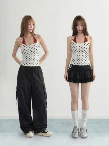 ARCG | White Polka Dot Neck-tie False Two-piece Short Fitted Sleeveless Tank Top