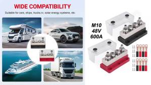 Heavy Duty 600A 48V Bus Bar Distribution Block Nickel Plated Copper BusBar M10 4 Studs 3/8 inch For Battery Truck Marine Boat RV