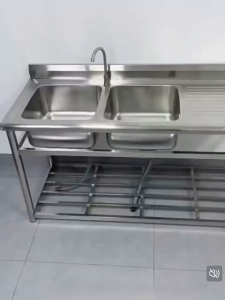 COHF 304 Stainless Steel Double Bowl Kitchen Sink with Drainboard Faucet Drain Pipes and Storage Bracket for Home or Commercial Kitchen
