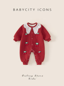 Autumn Winter Fleece Lined Baby Girl Romper New Year Visiting Outfit One Year Old Birthday Red Dress Full Moon Banquet