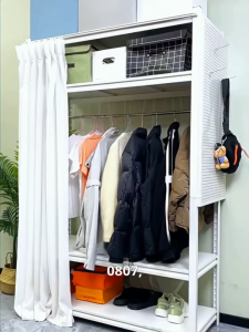 SPACEMADER Metal Wardrobe with Dustproof Curtain Heavy Duty Clothes Storage Rack Closet Organizer Bedroom Freely assembleable shelving and wardrobe With wheels