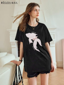 OLrain Black Short Sleeve Embroidered Loose round Neck T-shirt Womens Fashion Summer New Style Commute Elegant Ladies Top