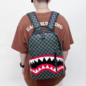 Cross-Border Mens Backpack Travel Bag Fashion Plaid Backpack Student Schoolbag Large Capacity Street Fashion Shark Bag