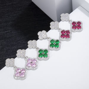 Japanese and Korean Ear Jewelry Micro-Paved Zircon Ruby Lucky Four-Leaf Clover Earrings Womens Elegant European and American High-Quality Earrings Flower Earrings