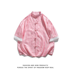 JIARONG | New Chinese Style Ice Silk Short Sleeve Summer Shirt Men Light Cool Mandarin Collar Buttons