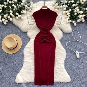 Elegant High-Cold Lady Dress Goddess Style Personality Folded Waist Slimming Mid-Length Bodycon Long Dress Korean Style Commute