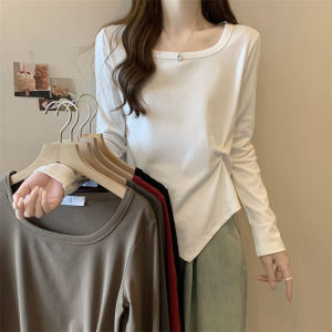 Square Collar Shoulder Long Sleeves T-Shirt Womens Autumn and Winter Inner Wear Plus Size Plus Size Ladies Belly Covering Asymmetrical Bottoming Shirt Tops Womens