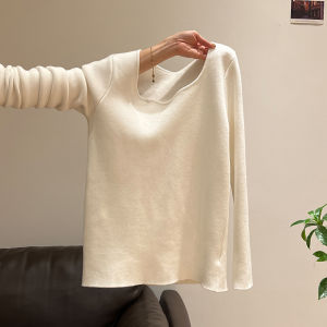 เสื้อชั้นในถักแขนยาวสีขาวคอวี ผ้าขนแกะหนา ทรงสลิมฟิต สำหรับผู้หญิง ฤดูใบไม้ร่วง/ฤดูหนาว เสื้อชั้นในผู้หญิง