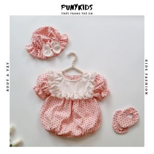 BD_04 Set Bodysuit Sơ Sinh Hồng Chấm Bi Kèm Mũ Và Giày Punykids  Body Cho Bé Đầy Tháng Từ 0-12 tháng