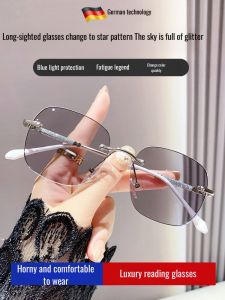 Womens colorchanging flat frame rimless presbyopia glasses
