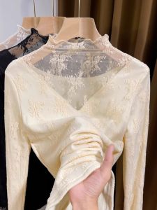 Áo Sơ Mi Ren Lót Lông Cừu Cổ Cao Tay Dài Phong Cách Hàn Quốc Thường Ngày Cho Nữ Mùa Thu 2024 Áo Sơ Mi Ren