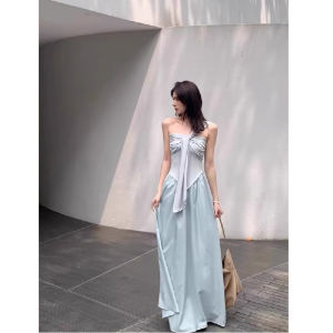 Blue Beach Vacation Strapless Dress Womens Summer 2025 New Cold Tone Unique Elegance Long Dress Korean Style High Waist A-Line Skirt