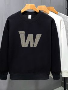 เสื้อสเวตเตอร์คอกลมแขนยาวบุขนแกะสไตล์อเมริกันสำหรับผู้ชาย เสื้อสเวตเตอร์คอตตอนทรงหลวมสไตล์ฤดูใบไม้ร่วงและฤดูหนาว