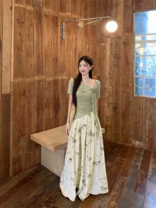 New Chinese Style Floral Print Womens T-Shirt And Skirt Set Summer Gentle Wind Two-Piece Suit Traditional National Trend