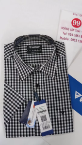 [Việt Tiến Sale] Sơ Mi Ngắn Tay - Regular (Suông) - Vạt Bầu - Kẻ ô đen trên nền trắng