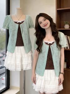 Lace Hollow False Twin Piece Slim Fit Shirt Large Size Womens Blouse